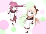  black_legwear blonde_hair blue_eyes foreshortening looking_at_viewer multiple_girls nanamori_school_uniform purple_eyes purple_hair school_uniform serafuku shoes sugiura_ayano toshinou_kyouko u-ai v yuru_yuri 