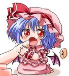  bat_wings biting blue_hair chibi fangs finger_biting hat hat_ribbon mob_cap open_mouth red_eyes remilia_scarlet ribbon seiza shadow short_hair simple_background sitting touhou unya white_background wings wrist_cuffs 