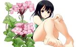  bad_feet barefoot black_eyes black_hair feet flower foreshortening legs long_hair matsunaga_kouyou original simple_background skirt solo toes white_background 