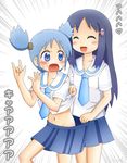  2girls blue_hair long_hair mound_of_venus multiple_girls naganohara_mio naganohara_yoshino navel nichijou open_mouth shirt_lift short_hair siblings sisters skirt skirt_pull yuri 