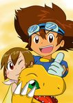  1boy 1girl agumon brown_eyes brown_hair digimon digimon_adventure highres red_eyes short_hair smile yagami_hikari yagami_taichi 