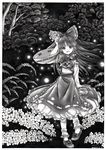  ankle_socks artist_name ascot bow cherry_blossoms dated detached_sleeves fireflies greyscale hair_bow hakurei_reimu hand_on_own_head highres long_hair looking_at_viewer midriff monochrome mosho navel nib_pen_(medium) open_mouth petticoat skirt skirt_set solo touhou traditional_media tree 