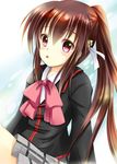  bad_id bad_pixiv_id bow brown_hair iris_yayoi little_busters! long_hair natsume_rin pink_bow plaid plaid_skirt ponytail red_eyes school_uniform skirt 