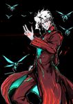  bad_id bad_pixiv_id blood blood_on_face bug command_spell crest_worm fate/zero fate_(series) fusion grey_skin highres insect jojo_no_kimyou_na_bouken kakyouin_noriaki linjie long_coat male_focus matou_kariya red_eyes solo striped vertical_stripes white_hair 