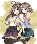  ahoge bare_shoulders black_legwear blue_eyes blush boots breast_grab breast_hold breasts brown_hair detached_sleeves fang frilled_skirt frills grabbing hairband headgear hiei_(kantai_collection) kantai_collection kongou_(kantai_collection) long_hair medium_breasts multiple_girls nontraditional_miko okutomi_fumi open_mouth plaid plaid_skirt ribbon-trimmed_sleeves ribbon_trim short_hair skirt thigh_boots thighhighs zettai_ryouiki 