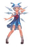  absurdres blue_eyes blue_hair blue_skirt bow catsila cirno flat_chest full_body hair_bow highres ice ice_wings mary_janes puffy_short_sleeves puffy_sleeves ribbon shoes short_hair short_sleeves skirt socks solo touhou v_over_eye white_background wings 