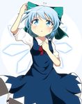  arm_up blue_dress blue_eyes blue_hair blush bow cirno do_(4-rt) dress flat_chest flying_sweatdrops hair_bow hand_in_hair hand_on_own_chest highres ice ice_wings looking_up puffy_sleeves ribbon shirt short_hair short_sleeves solo sweatdrop touhou wings 