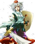  animal_ears detached_sleeves fingerless_gloves gloves hat inubashiri_momiji open_mouth red_eyes shield short_hair silver_hair skirt solo sword tail tokin_hat touhou unya weapon wolf_ears wolf_tail 