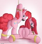  anus blue_eyes bound conrie cutie_mark duo equine female feral friendship_is_magic fur gag gagged hair horse looking_at_viewer looking_back mammal my_little_pony pink_fur pink_hair pinkamena_(mlp) pinkie_pie_(mlp) plain_background pony pussy spreader_bar square_crossover straight_hair white_background 