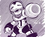  arm_cannon beck_(mighty_no._9) cameo clenched_hand copyright_name helmet light_smile male_focus mighty_no._9 monochrome robot rockman rockman_(character) rockman_(classic) sho-n-d solo weapon when_you_see_it 