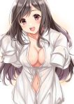  :d black_hair blush breasts cleavage collarbone dress_shirt head_tilt highres idolmaster idolmaster_shiny_colors long_hair looking_at_viewer medium_breasts naked_shirt navel no_bra open_clothes open_mouth open_shirt oversized_clothes partially_unbuttoned purple_eyes shirt sleeves_past_fingers sleeves_past_wrists smile solo tsukioka_kogane upper_body yuzuyu_(hyui) 