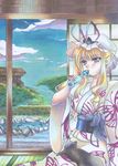  alternate_costume animal animal_on_lap architecture bad_id bad_pixiv_id blonde_hair blue_sky breasts cat cloud day drinking east_asian_architecture hat hat_ribbon japanese_clothes kimono long_hair looking_at_viewer marker_(medium) medium_breasts mixed_media mob_cap obi pond purple_eyes ramune ribbon rock sarya8528 sash sky sliding_doors solo tatami touhou traditional_media tree yakumo_yukari yukata 