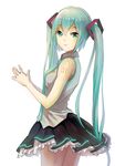  aqua_eyes aqua_hair hatsune_miku long_hair necktie skirt smile solo takko twintails vocaloid 