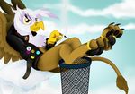  avian beak brown_fur cigarette female friendship_is_magic fur gilda_(mlp) gryphon jacket james_corck lying my_little_pony outside paws resting solo sweat toe_ring white_feathers white_fur wings 