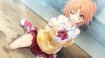  1girl aono_sena blush breasts game_cg girls_be_ambitious! highres legs looking_at_viewer open_mouth orange_hair school_uniform see-through shoes sitting skirt small_breasts sneakers solo tears thighs water wet wince yellow_eyes 