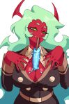  1girl aqua_hair between_breasts breasts colored_skin demon_girl demon_horns eyelashes food food_between_breasts food_on_body food_on_breasts horns long_hair panty_&amp;_stocking_with_garterbelt phallic_symbol popsicle red_skin scanty_(psg) sexually_suggestive simulated_paizuri slit_pupils solo very_long_hair wanderjegson 