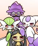  @_@ bespectacled blush bob_cut concave crossed_arms gardevoir glasses green_hair hat mawile mienshao mismagius no_humans open_mouth pokemon pokemon_(game) red_eyes swirly_glasses witch_hat 