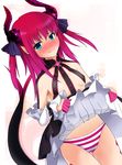  blue_eyes blush detached_sleeves elizabeth_bathory_(fate) elizabeth_bathory_(fate)_(all) fate/extra fate/extra_ccc fate_(series) horns long_hair panties pink_hair pointy_ears shiboru skirt skirt_lift solo striped striped_panties two_side_up underwear 