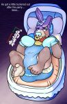 2026 ageplay alternate_version_at_source anthro blue_clothing blue_handwear blue_mittens blue_onesie blue_pacifier blush clothed clothing dialogue diaper diaper_under_clothing diaper_under_onesie digital_media_(artwork) embarrassed english_text fur gradient_background handwear hi_res infantilism lagomorph leporid long_ears male mammal mature_male mittens nintendo onesie pacifier peppy_hare rabbit roleplay signature simple_background solo star_fox text tired url wearing_diaper zuago