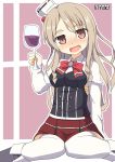  1girl alcohol artist_logo black_footwear boots bow bowtie brown_eyes corset cup drinking_glass hair_between_eyes hat highres holding holding_cup kantai_collection light_brown_hair long_hair long_sleeves mini_hat miniskirt open_mouth pepatiku pola_(kantai_collection) red_neckwear red_skirt shirt skirt smile solo thick_eyebrows thighhighs wavy_hair white_legwear white_shirt wine wine_glass 