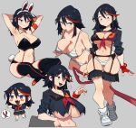  1girl absurdres adapted_costume animal_ear_hairband animal_ears bare_shoulders black_hair blue_eyes blush breasts chibi chibi_inset cleavage commentary_request detached_collar fake_animal_ears fake_tail flowerpigeon gloves hairband highres holding kill_la_kill korean_commentary large_breasts life_fiber living_clothes looking_at_viewer matoi_ryuuko midriff multicolored_hair navel open_mouth playboy_bunny rabbit_ear_hairband rabbit_ears rabbit_tail red_hair red_streaks revealing_clothes school_uniform scissor_blade_(kill_la_kill) senketsu serafuku short_hair simple_background skirt smile speech_bubble strapless streaked_hair suspenders tail thighhighs two-tone_hair underboob weapon 
