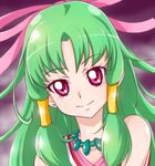  bow chocokin cure_empress dokidoki!_precure green_hair hair_bow hair_tubes jewelry long_hair magical_girl necklace pink_bow pink_eyes precure purple_background smile solo upper_body 