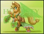  abstract_background applejack_(mlp) armor blonde_hair cowboy_hat english_text equine female feral freckles friendship_is_magic fur glowing green_eyes hair hat horse inuhoshi-to-darkpen magic mammal my_little_pony orange_fur pony solo sparkles standing text wings 