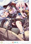  blue_eyes blue_hair bra closed_eyes covering_ears doughnut eating fn_minimi food gun m249 machine_gun mc_axis midriff mre multiple_girls nanaroku_(fortress76) navel pink_hair ration rations school_uniform scope serafuku shirt_lift side_ponytail tears underwear weapon 