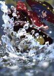  1girl absurdres afloat blurry blurry_background bowl bowl_hat commentary frills from_side hat highres japanese_clothes kimono long_sleeves medium_hair mini_person needle_sword parted_lips purple_hair red_eyes red_kimono solo sukuna_shinmyoumaru touhou ushitsuchi water 