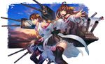  ahoge bare_shoulders black_eyes black_legwear boots brown_hair cloud detached_sleeves hair_ornament hairband headgear hiei_(kantai_collection) highres japanese_clothes kantai_collection kongou_(kantai_collection) long_hair looking_at_viewer multiple_girls nontraditional_miko open_mouth outstretched_arm pantyhose revision short_hair simosi skirt sky smile thigh_boots thighhighs wide_sleeves zettai_ryouiki 