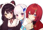  3girls :3 :d ange_katrina ange_katrina_(1st_costume) animal_ears armband asa_1607 blue_armband blue_eyes blue_hair blush brown_collar brown_hair brown_kimono closed_mouth collar colored_inner_hair commentary crossed_bangs dog_ears flower frills gradient_eyes group_picture hair_between_eyes hair_flower hair_intakes hair_ornament hand_on_another's_shoulder hand_up heterochromia highres inui_toko inui_toko_(1st_costume) japanese_clothes kimono lize_helesta lize_helesta_(1st_costume) long_hair long_sidelocks looking_at_viewer maid_headdress medium_hair multicolored_eyes multicolored_hair multiple_girls nijisanji open_mouth pink_nails purple_eyes red_eyes red_hair red_shirt sanbaka_(nijisanji) shirt sidelocks simple_background sleeves_past_fingers sleeves_past_wrists smile streaked_hair sweatdrop triangle_hair_ornament two-tone_hair untranslatable_commentary virtual_youtuber white_background white_hair white_headdress yellow_eyes 