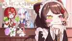  3girls 3znk :3 absurdres ange_katrina ange_katrina_(1st_costume) animal_ears armband banken_(inui_toko) banner birthday birthday_glasses blue_armband blue_hair blue_neckerchief blush_stickers bouquet brown_hair brown_kimono cake cardigan closed_mouth colored_inner_hair commentary_request creature dog_ears finger_to_mouth flower food frills glowstick grin hair_flower hair_intakes hair_ornament hands_up hat heterochromia highres holding holding_bouquet holding_cake holding_food holding_glowstick holding_party_popper index_fingers_raised inui_toko inui_toko_(1st_costume) jacket japanese_clothes kimono lize_helesta lize_helesta_(1st_costume) long_hair long_sidelocks long_sleeves looking_ahead maid_headdress medium_hair multicolored_hair multiple_girls musical_note neck_ribbon neckerchief nijisanji open_mouth own_hands_together party_hat party_popper purple_eyes purple_flower red_cardigan red_eyes red_hair red_ribbon ribbon sanbaka_(nijisanji) shushing sidelocks sleeves_past_wrists smile smug strawberry_shortcake streaked_hair sunglasses translation_request two-tone_hair very_long_hair virtual_youtuber white_hair white_headdress white_jacket yellow_eyes yellow_hat 