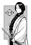  1girl bleach braid commentary front_braid hair_between_breasts haori highres japanese_clothes scabbard seveninks sheath shihakusho solo sword taichou_haori unohana_retsu weapon zanpakutou 