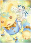  1girl :3 animate_object artist_name blue_boots blue_bow blue_eyes blue_flower blue_ribbon blue_shirt boots bow bowtie button_eyes buttons commentary_request dated flower footwear_bow frilled_skirt frilled_sleeves frills giant hair_bow hair_ribbon juliet_sleeves long_hair long_sleeves miniskirt original puff_and_slash_sleeves puffy_sleeves red_shoes ribbon shirt shoes shorts sitting sitting_on_shoulder skirt star_(symbol) stuffed_animal stuffed_rabbit stuffed_toy thighhighs traditional_media twintails walking white_hair white_shirt white_shorts white_skirt white_thighhighs wristband yellow_bow yellow_bowtie zerra01 zettai_ryouiki 