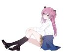  1girl aikawa_megumi black_ribbon black_shoes black_socks brown_skirt closed_mouth clothes_around_waist collared_shirt commentary_request crossed_bangs from_side frown full_body green_eyes hair_between_eyes hair_ribbon heaven_burns_red highres jacket jacket_around_waist kneehighs knees_up loafers long_hair long_sleeves looking_at_viewer miniskirt nujii pink_hair plaid_clothes plaid_skirt ribbon shirt shoes simple_background sitting skirt socks solo two_side_up white_background white_shirt 