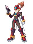 1boy absurdres adapted_costume armor armored_boots axl_(mega_man) body_armor bodysuit boots chest_jewel codpiece commission commissioner_upload covered_navel energy_gun forehead_jewel full_body gauntlets gloves gun handgun highres long_hair mechanical_ears mechanical_wings mega_man_(series) mega_man_x_(series) mega_man_zero_(series) non-web_source ponytail scar scar_on_face shoulder_armor transparent_background uta_guipiy weapon wings 