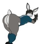  bent_over big_butt big_ears black_hair bottomless butt green_eyes hair lagomorph male mammal perineum plain_background rabbit smile socks solo teeth vamplust white_background 