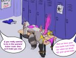 absurd_res animal_genitalia anthro arms_tied artemis_raccoon ballbusting balls bench bikini bodily_fluids bound clenched_teeth clothing cock_and_ball_torture dialogue disembodied_foot english_text feet fluffy fluffy_tail genital_fluids genital_torture genitals hi_res legs_tied locker locker_room lying male mammal navel nude on_back pain penis poster precum procyonid raccoon rafitos speech_bubble spread_legs spreading stomping swimming_trunks swimwear tail teeth text threatening two-piece_swimsuit violence