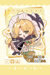  1girl absurdres black_boots black_gloves black_hat black_jacket blonde_hair boots bow braid broom character_name chibi chibi_only fang forbidden_scrollery full_body gloves green_bow hair_bow hat hat_bow highres holding holding_broom hysteria jacket kirisame_marisa long_hair looking_at_viewer official_alternate_costume one_eye_closed open_mouth sample_watermark side_braid single_braid smile solo touhou very_long_hair watermark witch_hat yellow_eyes 