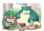  1girl :t =_= ahoge apple barefoot berry_(pokemon) black_tank_top blush border breasts bright_pupils brown_hair cheri_berry claws cleavage closed_eyes closed_mouth commentary_request cooking_pot crossed_legs eating fangs food food_bite food_on_face fruit glassy0302 grey_eyes grey_shorts hair_between_eyes highres holding holding_food holding_fruit joltik kuraishi_ringo_(glassy0302) leaf leppa_berry long_hair midriff mundane_utility nostrils open_mouth oran_berry orange_eyes original outdoors pecha_berry persim_berry pokemon pokemon_(creature) pokemon_sword_and_shield rillaboom shorts signature sitrus_berry sitting smoke snorlax steam tank_top toes torkoal tree white_border white_pupils 
