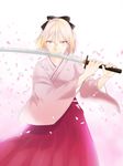  blonde_hair bow cherry_blossoms ec-06 fate_(series) hair_bow hakama half_updo japanese_clothes katana kimono koha-ace okita_souji_(fate) okita_souji_(fate)_(all) petals pink_eyes purple_hakama short_hair solo sword weapon 