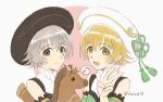  .hack// .hack//g.u. 2girls :d animal atoli_(.hack//) bare_shoulders black_eyes black_hat blonde_hair bluesky_username closed_mouth commentary facial_mark forhmb111 grey_hair hair_between_eyes hand_up hat hat_tassel highres holding holding_animal light_blush looking_at_viewer matching_outfits multiple_girls musical_note open_mouth pink_background shino_(.hack//) short_hair sleipnir_(.hack//) smile speech_bubble spoken_musical_note teardrop_facial_mark untranslatable_commentary v white_background white_hat yellow_eyes 