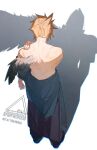  1boy blonde_hair clothes_pull cloud_strife commentary_request different_shadow final_fantasy from_behind highres looking_down male_focus mini_wings pants sephiroth shirt_pull shoes single_wing solo spiked_hair wings yunyunonigiri 