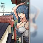  1girl :d absurdres antenna_mast arm_up balcony blue_hair breasts building butsuzou_(snur2022) camisole cleavage collarbone commentary_request highres house jewelry leaning_forward light_blush long_hair looking_at_viewer open_window original peeking_out smile solo tile_roof white_camisole wind_chime window yellow_eyes 