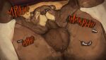 anthro autofellatio balls bear bed ben_bigger bodily_fluids body_hair brown_body dialogue disembodied_hand duo english_text erection eye_scar facial_scar fanofthefurr furniture genitals hairy_balls hi_res human humanoid_genitalia humanoid_penis leg_grab looking_down male male/male mammal masturbation mihoyo narrowed_eyes nude on_bed oral oral_masturbation penile penile_masturbation penis penis_in_mouth rear_view scar sex shaking shocked snot spread_legs spreading sweat text upside_down zenless_zone_zero