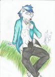  blue_eyes blue_hair canine clothing darklycan ear_piercing gay hair male mammal necklace piercing solo traditional_media wolf 