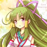  artist_name blush bow character_name cure_empress detached_sleeves dokidoki!_precure green_hair hair_tubes hiyopuko long_hair pink_bow pink_eyes precure solo upper_body 