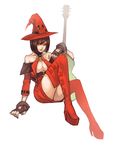  bare_shoulders black_hair boots breasts fingerless_gloves full_body gloves green_eyes guilty_gear guitar hat high_heels i-no instrument large_breasts miniskirt mole mole_above_mouth red_hat short_hair skirt solo thigh_boots thighhighs underboob usagi_haku white_background witch_hat 