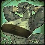  2026 abs anaconda anthro arm_wraps armwear bandage biceps big_breasts boa_(snake) boinae boxing_bandage bra breasts clothing eyelashes female female_anthro fighter_bandage grey_body hands_behind_head hi_res markings mister_feelgood muscular muscular_anthro muscular_female non-mammal_breasts pupils reptile scales scalie slit_pupils snake solo spots spotted_body tail underwear wide_hips wraps yellow_eyes 