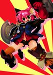  7th_dragon 7th_dragon_(series) animal_ears axe bbb_(33kudo) bell colorized fang fighter_(7th_dragon) gloves green_eyes hair_bobbles hair_ornament harukara_(7th_dragon) highres jingle_bell navel open_mouth pink_hair shield shin_guards solo weapon 